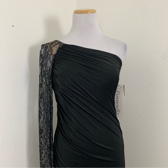 NWT Vintage Aidan Mattox Y2K One Shoulder Lace Sequin Ruched Black Mini Dress - Picture 14 of 17